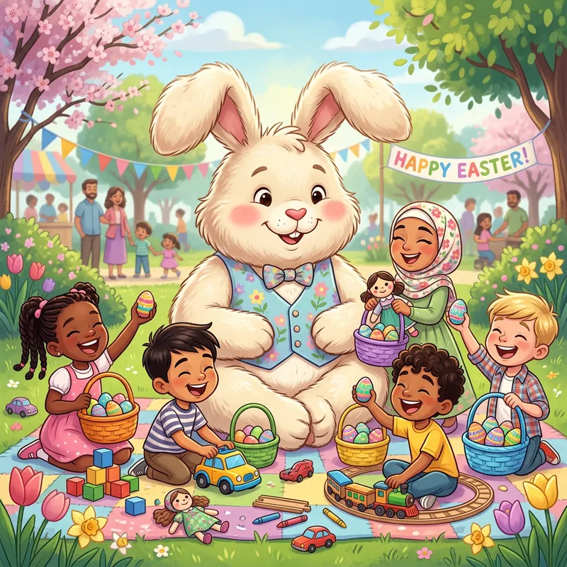 Easter Bunny and Diverse Cartoon Kids Enjoying Easter Fun
