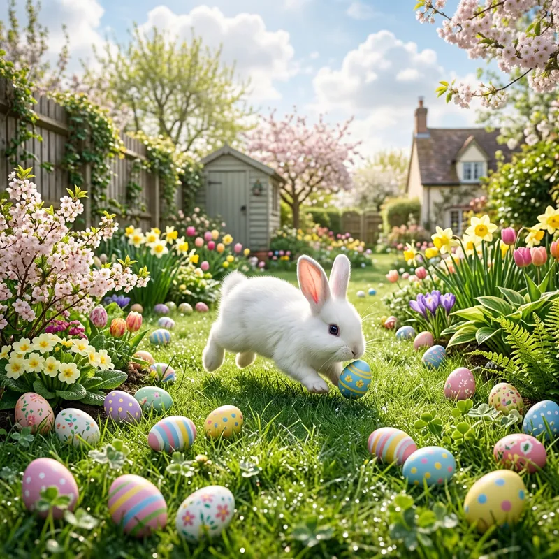 Vibrant Easter Eggs and Playful Bunny in Enchanting Scene