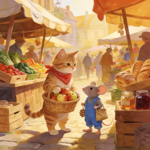 Mouse and Cat at Market Square - Captivating Scene