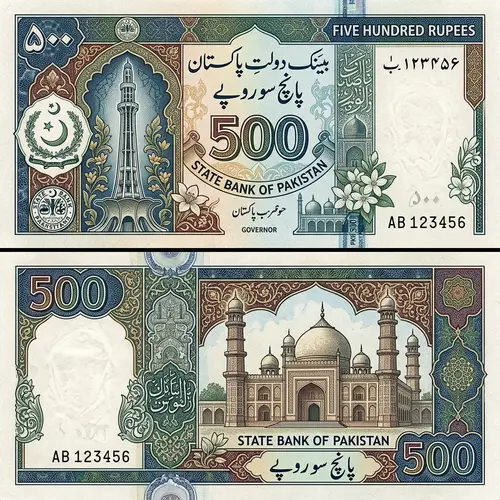 Ornate 500 Rupee Banknote Design from Pakistan