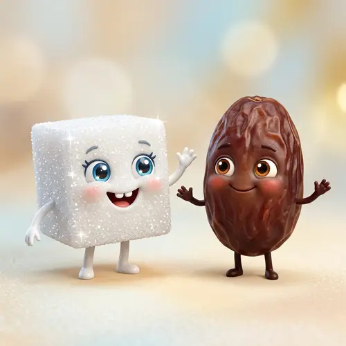 Anthropomorphized Sugar Cube and Date Cartoon Characters