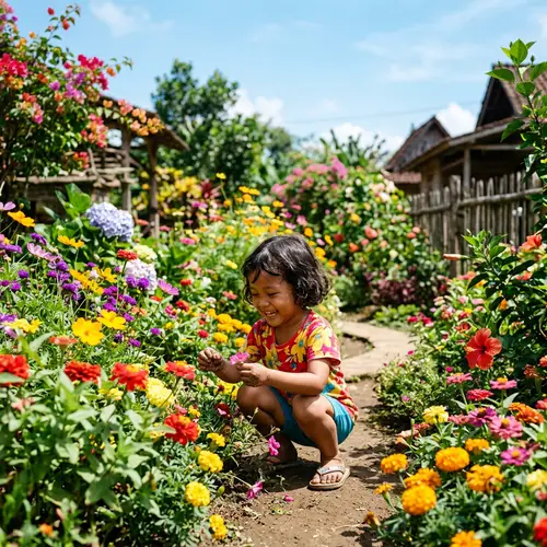 Young Child Playing in Colorful Flower Garden | Website Name