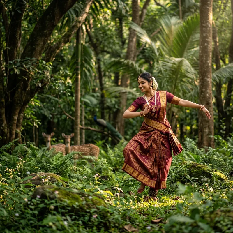Graceful South Asian Woman Dancing in Enchanting Forest