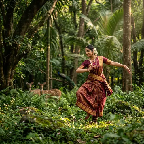 South Asian Woman Dancing in Vibrant Saree | Forest Elegance