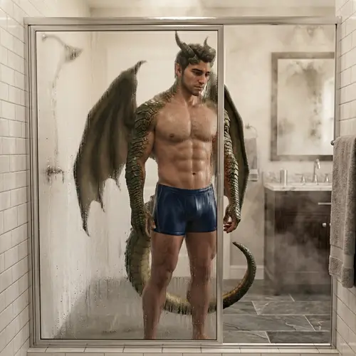 Male Dragon Demi-Human in Shower - Powerful Physique Exposed
