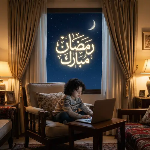 Middle-Eastern Child Studying on Laptop Under Ramadan Mubarak Night Sky