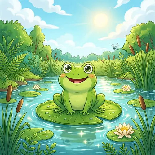 Playful Cartoon Frog Sitting on Lilypad in a Serene Pond