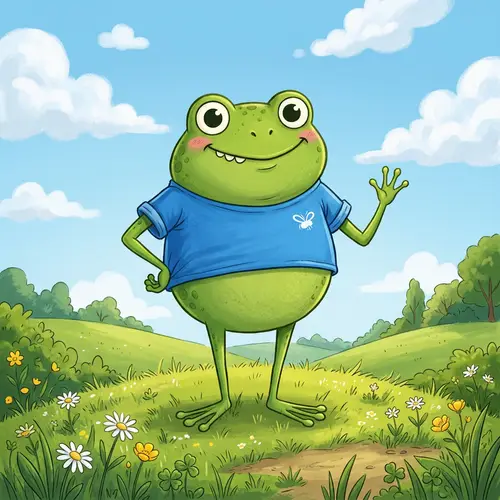 Green Anthropomorphic Frog Illustration in Blue T-Shirt