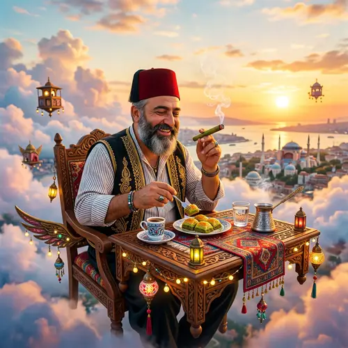 Turkish Man Smoking Weed Blunt & Eating Baklava on Flying Table