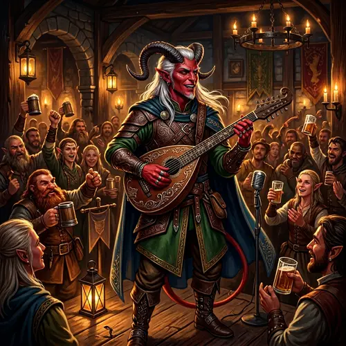 Fantasy-Inspired Tiefling Bard Digital Painting in Vibrant Setting