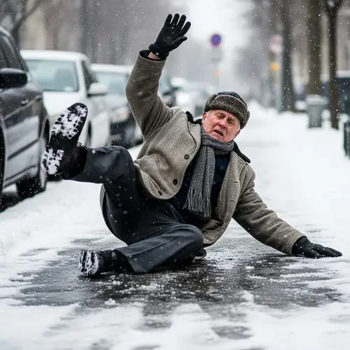 Elderly Person Slips on Ice and Snow