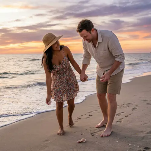 Romantic Beach Stroll: Hispanic Woman & Caucasian Man at Sunset