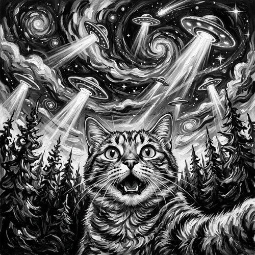 Mesmerized Cat and UFOs in Post-Impressionist Illustration