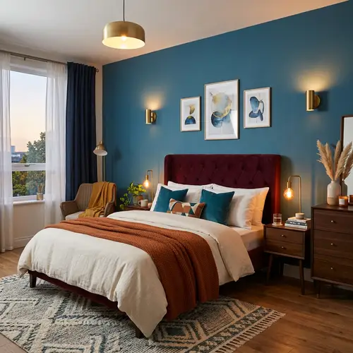 Cozy Modern Bedroom with Teal and Burgundy Accents