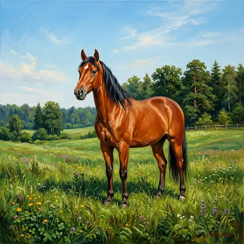 Beautiful Mare in Lush Green Meadow - Oil Painting Art
