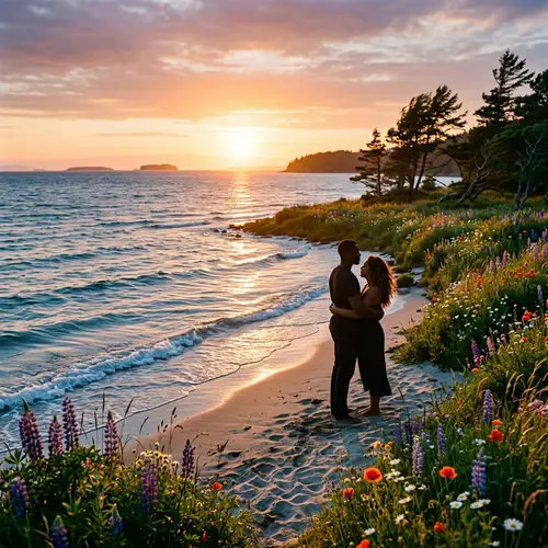 Sunlit Landscape by the Tranquil Sea: Love Silhouettes at Sunset