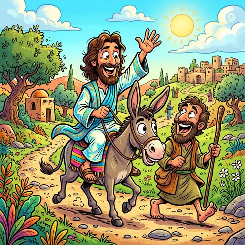 Whimsical Caricature of Jesus on a Donkey