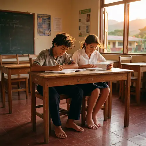 13-Year-Old Hispanic Students Studying in School at Sunset