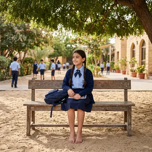 Tranquil Middle-Eastern Schoolgirl on Bench | Peaceful Schoolyard Scene