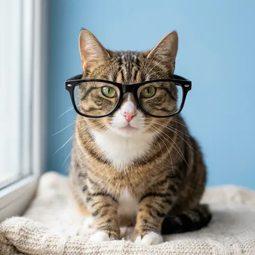 Stylish Domestic Short-Haired Cat with Black Glasses