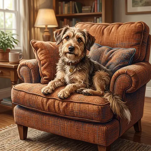 Vibrant Dog Illustration on Overstuffed Chair | Creative Art