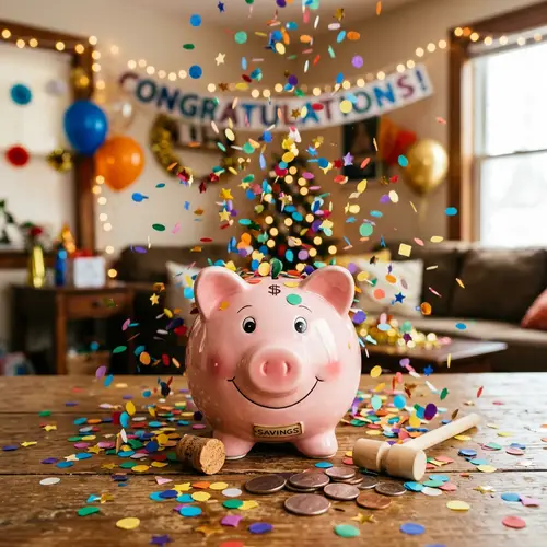 Smiling Piggy Bank with Confetti | Joyful Savings