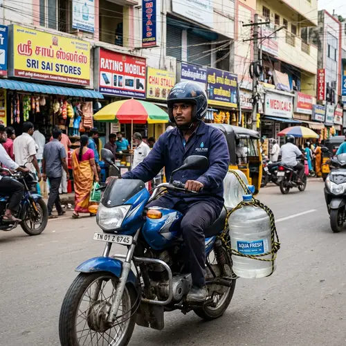 Experienced South Asian Man Delivering Mineral Water on Motorcycle