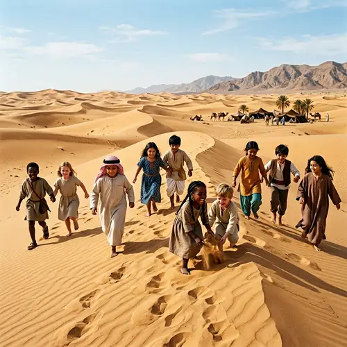 Diverse Children Playing in Traditional Attire on Desert Sand Dunes