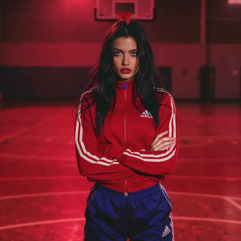 Seductive Young Woman in Tracksuit at Basketball Court