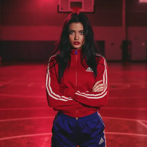 Seductive Young Woman in Tracksuit at Basketball Court