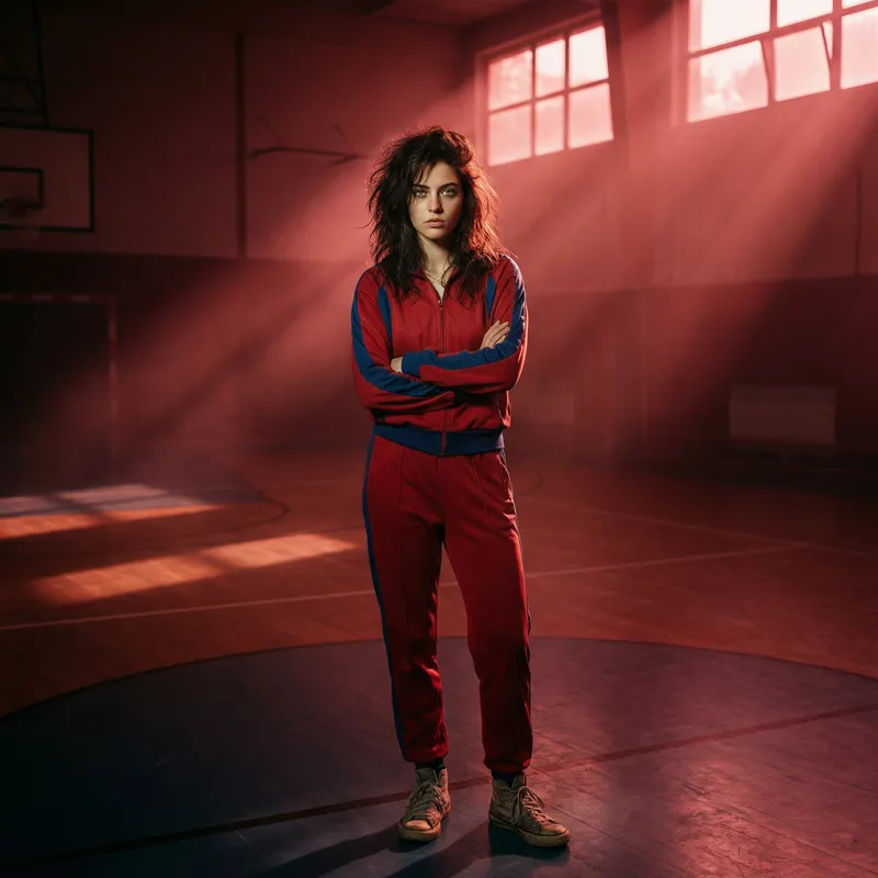 Seductive Young Woman in Tracksuit at Basketball Court
