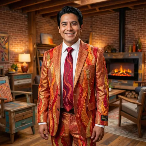 Stylish Men's Suit of Recycled Materials with Fire-Themed Design
