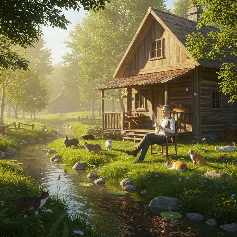 Cozy Countryside Morning with Cats and Cabin