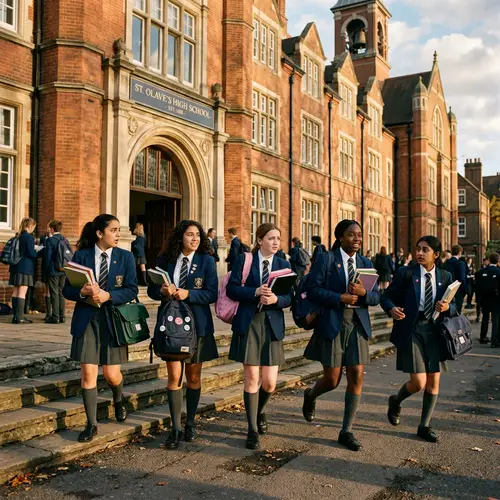 Diverse Schoolgirls Escaping from Imposing School Building