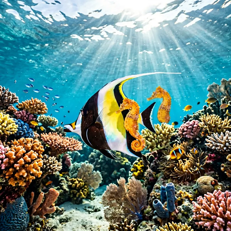 Fish Swimming with Seahorse in Ocean