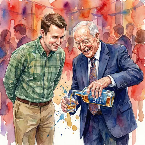 Vibrant Watercolor Painting of Joyful Elderly Man and Admiring Companion