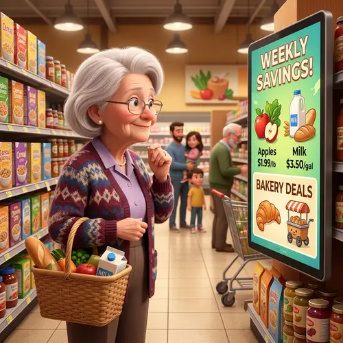 Pixar-Style Elderly Woman in Store Digital Signage