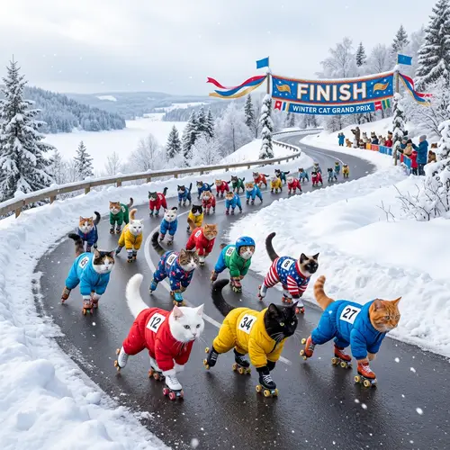 Cats in Snowsuits Roller Skating Fun