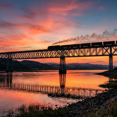 Stunning Sunset Bridge Scene with Passing Train | As Seen from a Vibrant Perspective