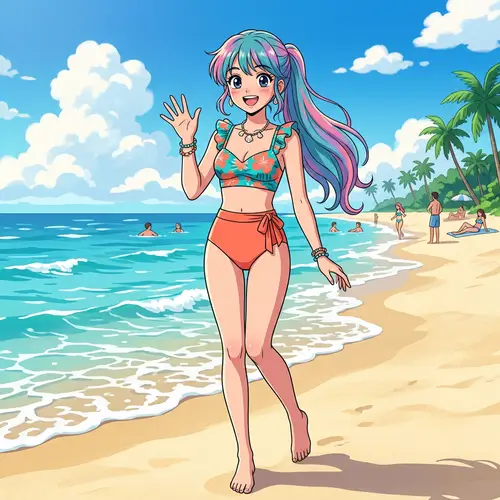 Cheerful Anime Character at the Beach