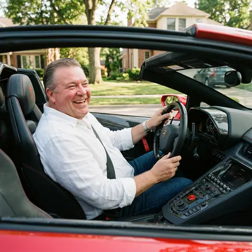 Overweight Man Enjoying Luxury Ride in Red Lamborghini