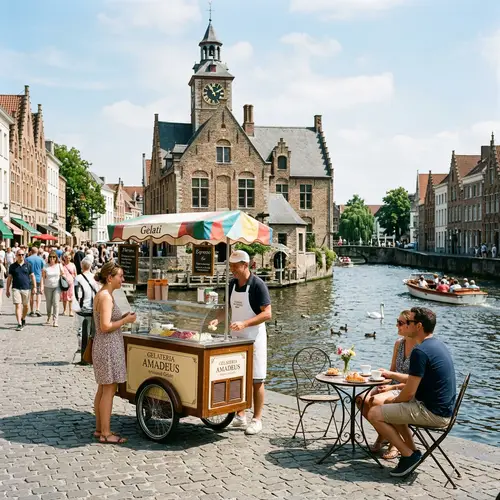 Sunny Summer Scene in Bruges with Enigmatic European Old House
