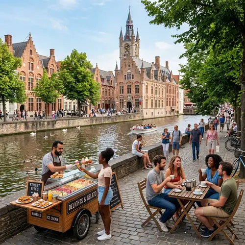 Scenic Bruges Waterfront: European House, Stone Embankment, and Local Vendors