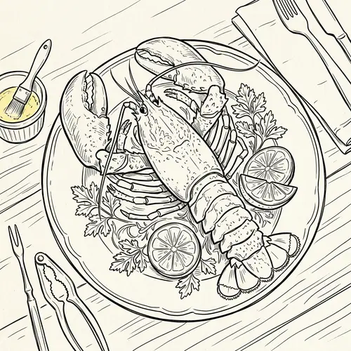 Line Art of Lobster Served on a Plate