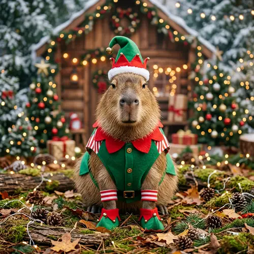 Capybara in an Elf Costume - Adorable Holiday Fun