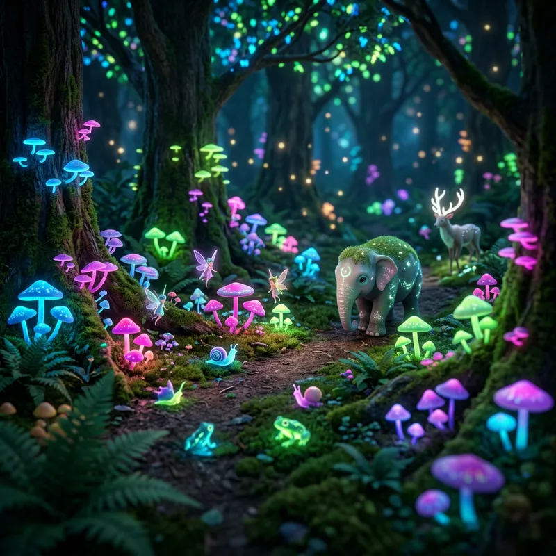 Enchanting Neon Forest with Glowing Mushrooms Enchanting Neon Forest with Glowing Mushrooms