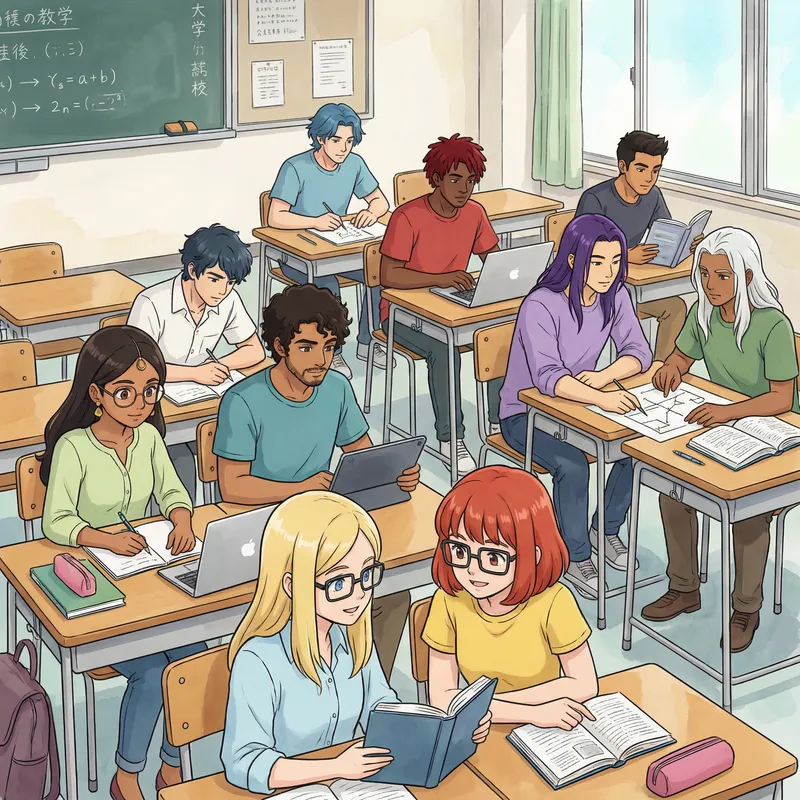 Diverse and Inclusive University Students in Anime-Style Classroom