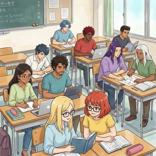 Diverse University Students in Anime-Style Classroom Illustration
