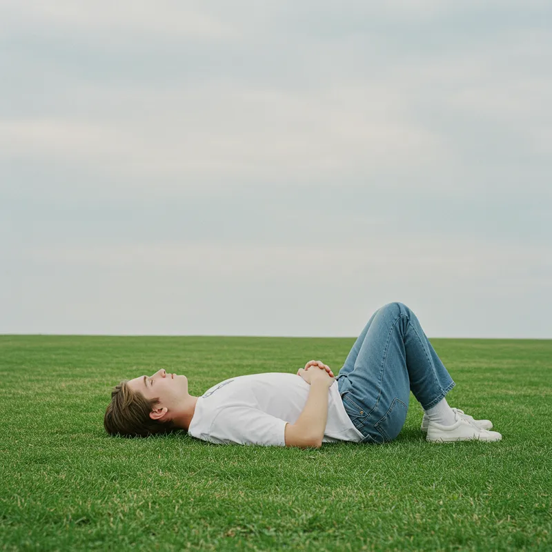 Contemplative Model on Lush Grass under Vast Sky