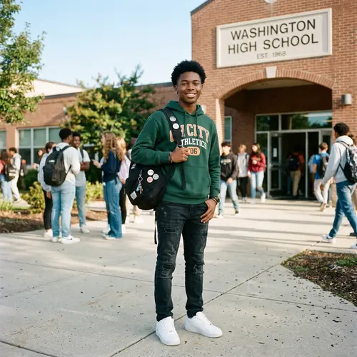 Confident Black Teenage Student Outside High School